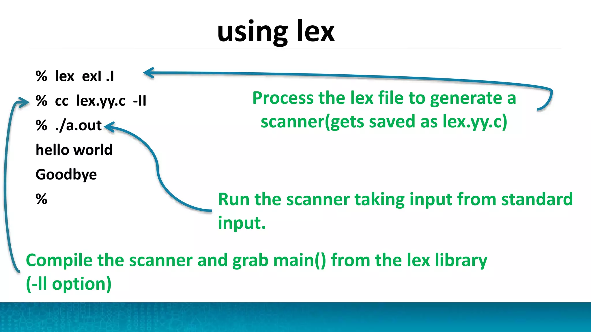 using lex
% lex exI .I
% cc lex.yy.c -II
% ./a.out
hello world
Goodbye
%
Process the lex file to generate a
scanner(gets saved as lex.yy.c)
Run the scanner taking input from standard
input.
Compile the scanner and grab main() from the lex library
(-ll option)
 