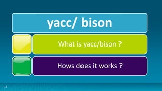 11
yacc/ bison
What is yacc/bison ?
Hows does it works ?
 