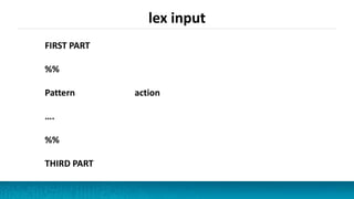 lex input
FIRST PART
%%
Pattern action
….
%%
THIRD PART
 