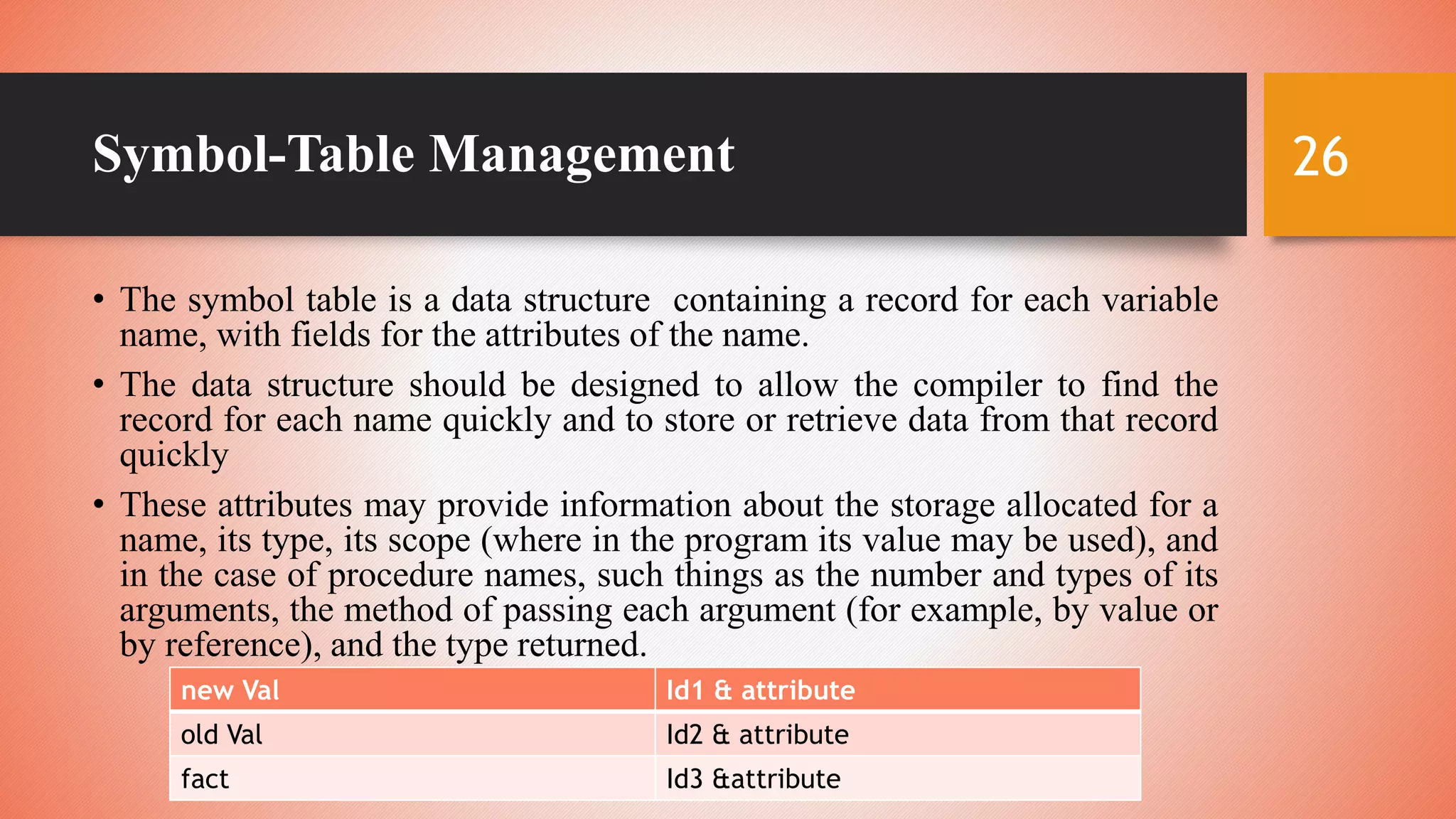 Symbol-Table Management
• The symbol table is a data structure containing a record for each variable
name, with fields for the attributes of the name.
• The data structure should be designed to allow the compiler to find the
record for each name quickly and to store or retrieve data from that record
quickly
• These attributes may provide information about the storage allocated for a
name, its type, its scope (where in the program its value may be used), and
in the case of procedure names, such things as the number and types of its
arguments, the method of passing each argument (for example, by value or
by reference), and the type returned.
26
new Val Id1 & attribute
old Val Id2 & attribute
fact Id3 &attribute
 