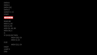 DATA B
DATA A
DATA C[4]
DATA D
CONST E = 0
START:
READ BX
MOV A, AX
MOV B, BX
ADD CX, AX, BX
MOV DX, E
X:
IF CX EQ DX THEN
MOV C[0], CX
MOV D, CX
ELSE
MOV C[1], CX
ENDIF
JUMP X
END
READ AX
 