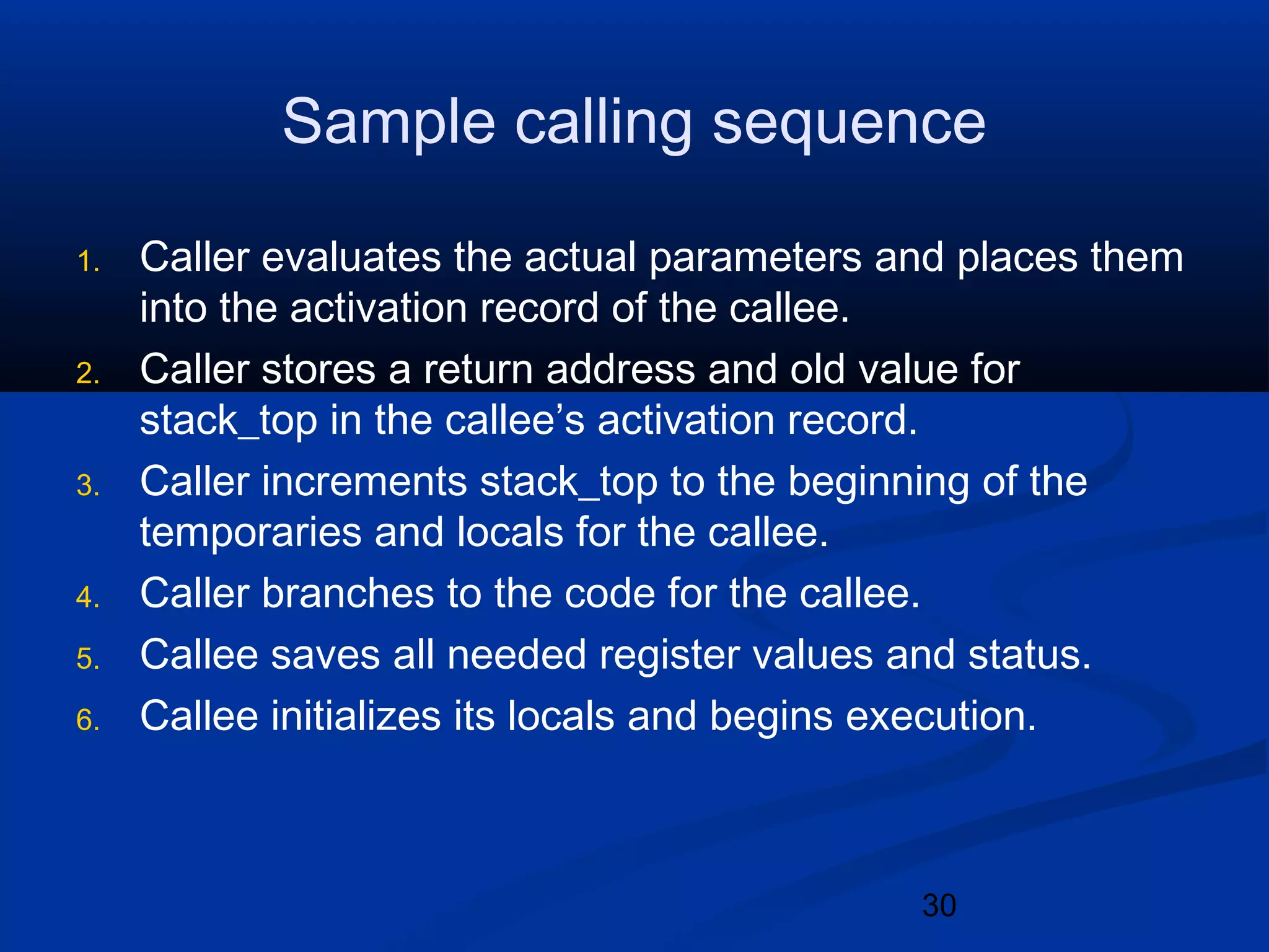 30
Sample calling sequence
1. Caller evaluates the actual parameters and places them
into the activation record of the callee.
2. Caller stores a return address and old value for
stack_top in the callee&rsquo;s activation record.
3. Caller increments stack_top to the beginning of the
temporaries and locals for the callee.
4. Caller branches to the code for the callee.
5. Callee saves all needed register values and status.
6. Callee initializes its locals and begins execution.
 