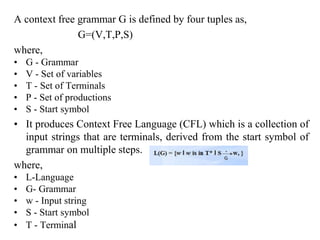 A context free grammar G is defined by four tuples as,
G=(V,T,P,S)
where,
• G - Grammar
• V - Set of variables
• T - Set of Terminals
• P - Set of productions
• S - Start symbol
• It produces Context Free Language (CFL) which is a collection of
input strings that are terminals, derived from the start symbol of
grammar on multiple steps.
where,
• L-Language
• G- Grammar
• w - Input string
• S - Start symbol
• T - Terminal
 