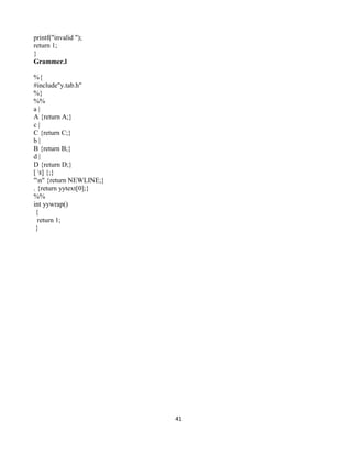 41
printf("invalid ");
return 1;
}
Grammer.l
%{
#include"y.tab.h"
%}
%%
a |
A {return A;}
c |
C {return C;}
b |
B {return B;}
d |
D {return D;}
[ t] {;}
"n" {return NEWLINE;}
. {return yytext[0];}
%%
int yywrap()
{
return 1;
}
 