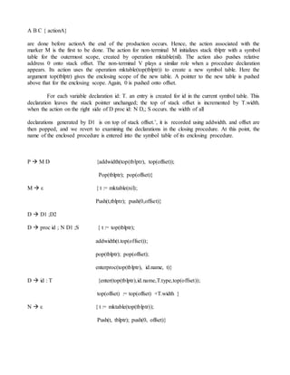 A B C { actionA}
are done before actionA the end of the production occurs. Hence, the action associated with the
marker M is the first to be done. The action for non-terminal M initializes stack tblptr with a symbol
table for the outermost scope, created by operation mktable(nil). The action also pushes relative
address 0 onto stack offset. The non-terminal V plays a similar role when a procedure declaration
appears. Its action uses the operation mktable(top(tblptr)) to create a new symbol table. Here the
argument top(tblptr) gives the enclosing scope of the new table. A pointer to the new table is pushed
above that for the enclosing scope. Again, 0 is pushed onto offset.
For each variable declaration id: T. an entry is created for id in the current symbol table. This
declaration leaves the stack pointer unchanged; the top of stack offset is incremented by T.width.
when the action on the right side of D proc id: N D,; S occurs. the width of all
declarations generated by D1 is on top of stack offset.’, it is recorded using addwidth. and offset are
then popped, and we revert to examining the declarations in the closing procedure. At this point, the
name of the enclosed procedure is entered into the symbol table of its enclosing procedure.
P  M D {addwidth(top(tblptr), top(offset));
Pop(tblptr); pop(offset)}
M  ε { t := mktable(nil);
Push(t,tblptr); push(0,offset)}
D  D1 ;D2
D  proc id ; N D1 ;S { t := top(tblptr);
addwidth(t.top(offset));
pop(tblptr); pop(offset);
enterproc(top(tblptr), id.name, t)}
D  id : T {enter(top(tblptr),id.name,T.type,top(offset));
top(offset) := top(offset) +T.width }
N  ε { t := mktable(top(tblptr));
Push(t, tblptr); push(0, offset)}
 