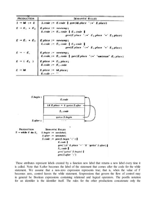 These attributes represent labels created by a function new label that returns a new label every time it
is called. Note that S.after becomes the label of the statement that comes after the code for the while
statement. We assume that a non-zero expression represents true; that is, when the value of F
becomes zero, control leaves the while statement. f:expressions that govern the flow of control may
in general be Boolean expressions containing relational and logical operators. The postfix notation
for an identifier is the identifier itself. The rules for the other productions concatenate only the
 