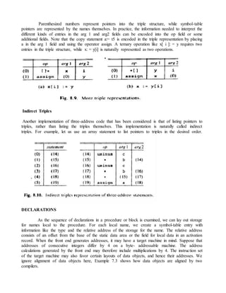 Parenthesized numbers represent pointers into the triple structure, while symbol-table
pointers are represented by the names themselves. In practice, the information needed to interpret the
different kinds of entries in the arg 1 and arg2 fields can be encoded into the op field or some
additional fields. Note that the copy statement a:= t5 is encoded in the triple representation by placing
a in the arg 1 field and using the operator assign. A ternary operation like x[ i ]: = y requires two
entries in the triple structure, while x: = y[i] is naturally represented as two operations.
Indirect Triples
Another implementation of three-address code that has been considered is that of listing pointers to
triples, rather than listing the triples themselves. This implementation is naturally called indirect
triples. For example, let us use an array statement to list pointers to triples in the desired order.
DECLARATIONS
As the sequence of declarations in a procedure or block is examined, we can lay out storage
for names local to the procedure. For each local name, we create a symbol-table entry with
information like the type and the relative address of the storage for the name. The relative address
consists of an offset from the base of the static data area or the field for local data in an activation
record. When the front end generates addresses, it may have a target machine in mind. Suppose that
addresses of consecutive integers differ by 4 on a byte- addressable machine. The address
calculations generated by the front end may therefore include multiplications by 4. The instruction set
of the target machine may also favor certain layouts of data objects, and hence their addresses. We
ignore alignment of data objects here, Example 7.3 shows how data objects are aligned by two
compilers.
 
