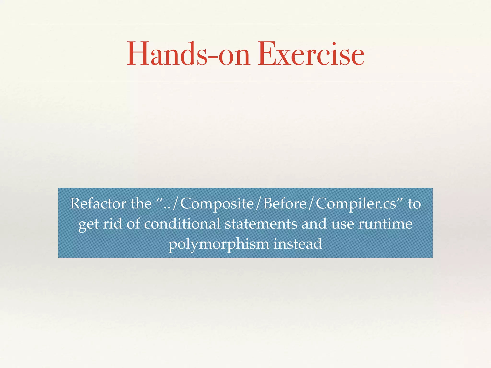 Facade Pattern
Provide a uniﬁed interface to a set of interfaces in a subsystem. Facade deﬁnes a
higher-level interface that makes the subsystem easier to use.
 