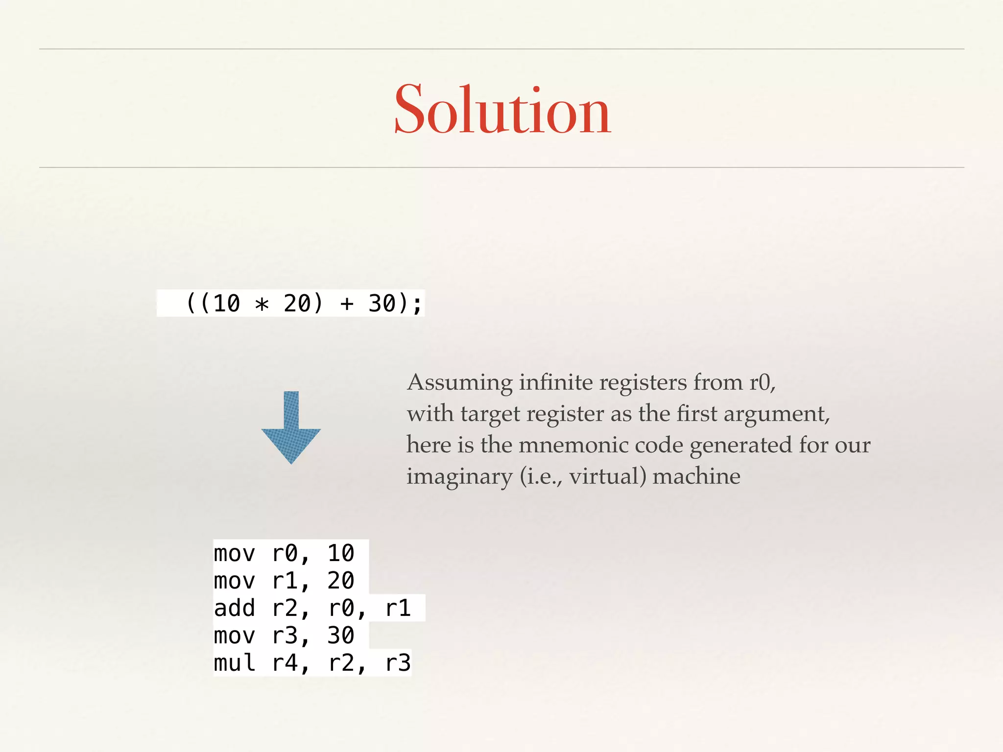 Register-Based Instructions (Android)
((a * b) + c);
javac -source 1.7 -target 1.7 expr.java
dx --dex --output=expr.dex expr.class
dexdump -d expr.dex
const/16 v1, #int 10 // #a
const/16 v2, #int 20 // #14
const/16 v3, #int 30 // #1e
mul-int v0, v1, v2
add-int/2addr v0, v3
return v0
 