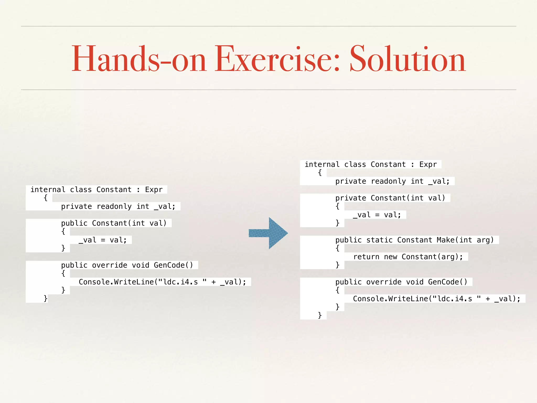 Solution
internal class Register
{
private readonly int _index;
private Register(int index)
{
_index = index;
}
public static Register GetRegister(int index)
{
return new Register(index);
}
// FreeRegister to be implemented
// not implemented for now for the sake of simplicity
public int GetIndex()
{
return _index;
}
}
 