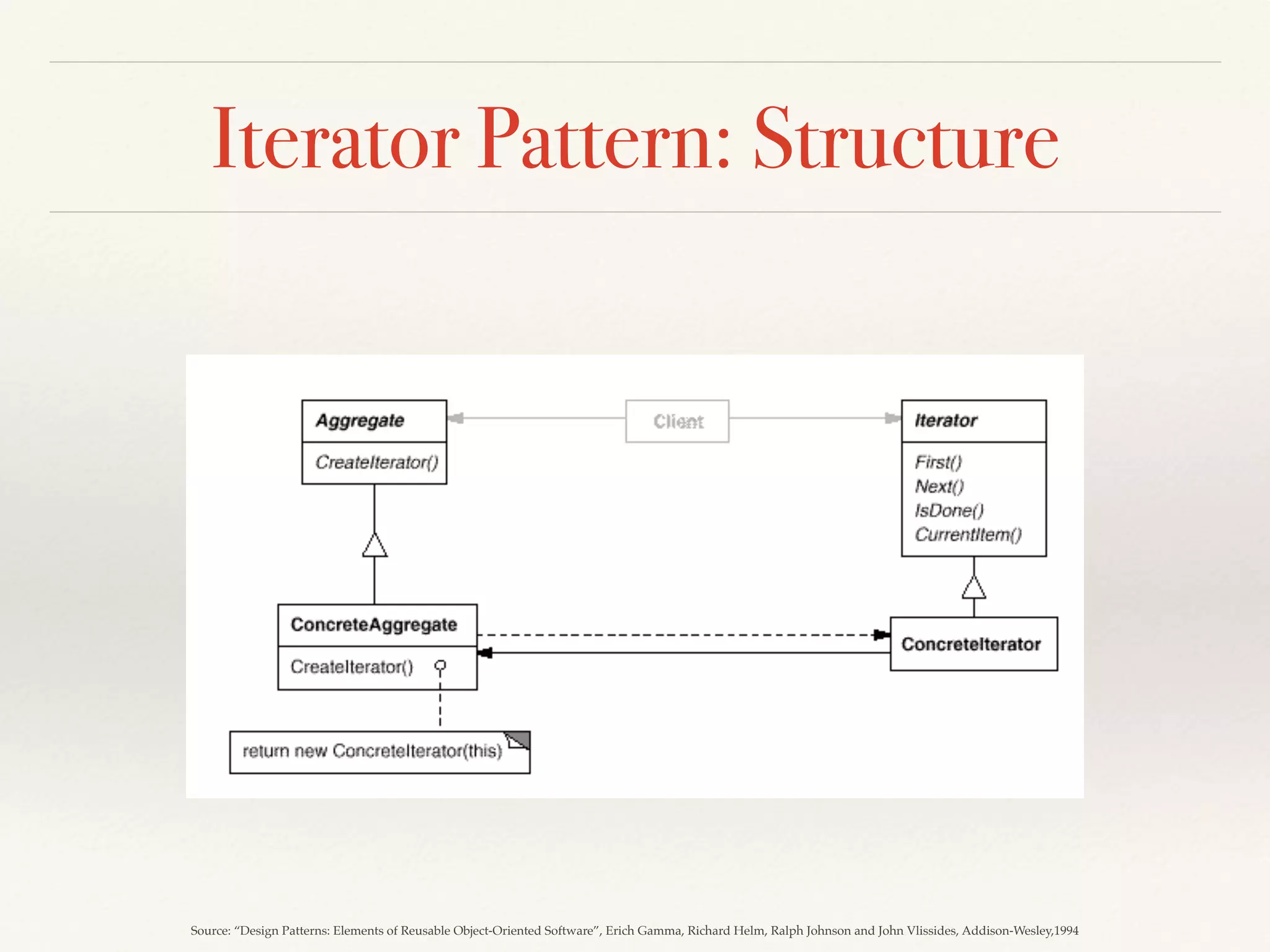 Builder Pattern: Discussion
❖ Creating or assembling a
complex object can be tedious
Separate the construction of a complex object from its representation so that the same
construction process can create different representations.
❖ Make the algorithm for
creating a complex object
independent of parts that
make up the object and
how they are assembled
❖ The construction process
allows different
representations for the
object that is constructed
 