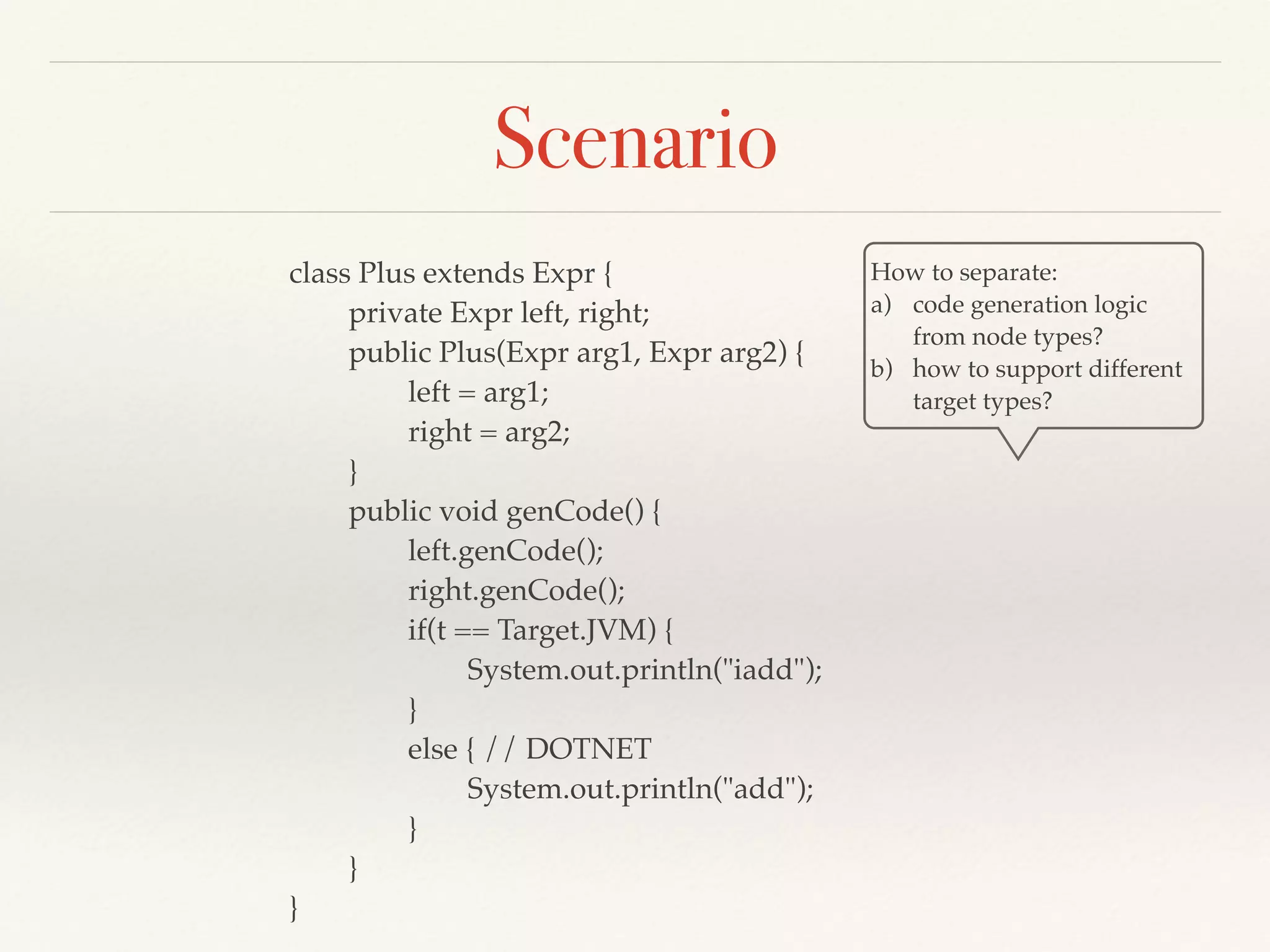 Hands-on Exercise
Traverse the expression tree using “external” iteration
public override void GenCode()
{
base.GenCode();
Console.WriteLine("add");
}
 