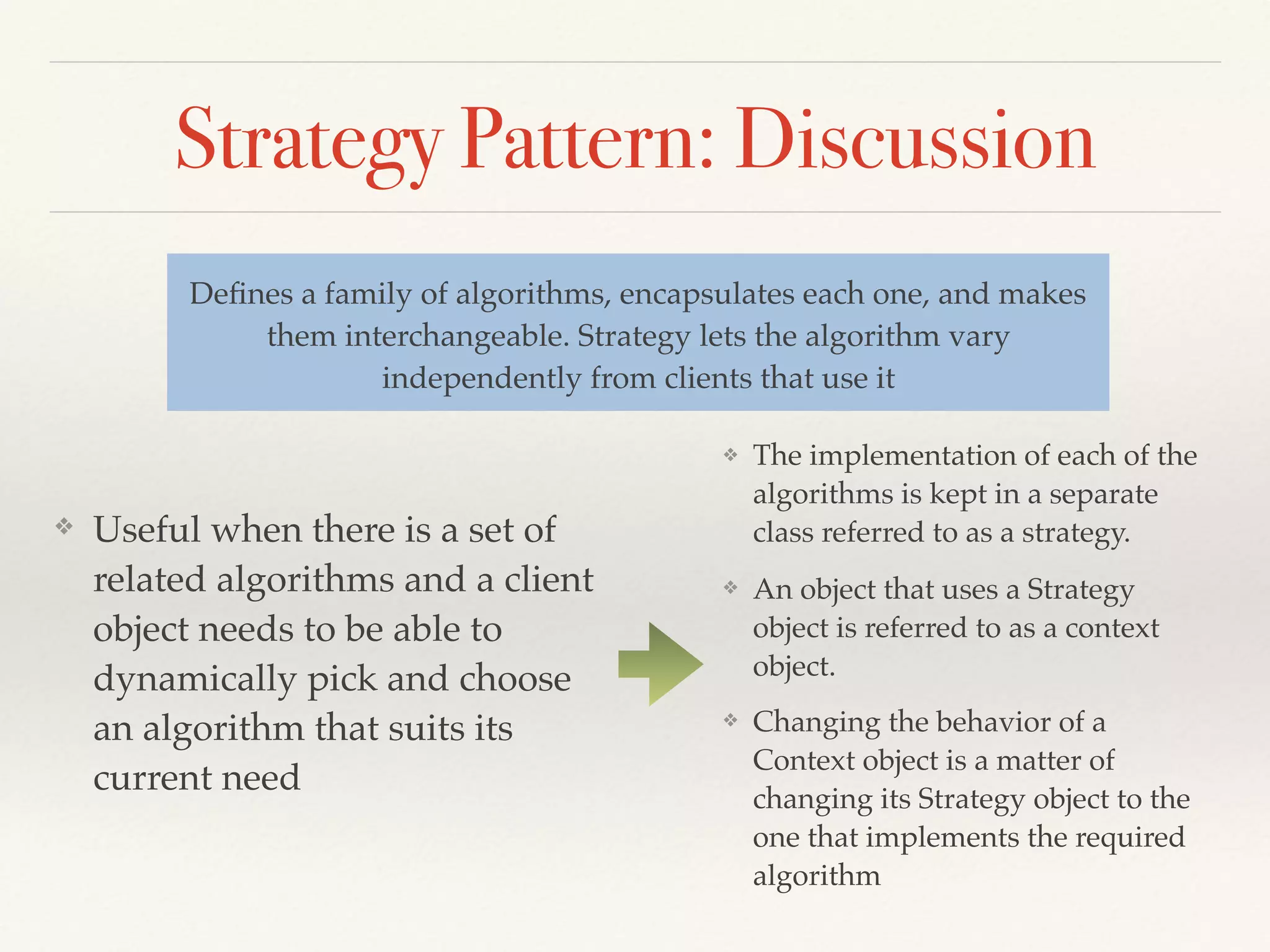 Scenario
How to separate:
a) code generation logic
from node types?
b) how to support different
target types?
class Plus extends Expr {
private Expr left, right;
public Plus(Expr arg1, Expr arg2) {
left = arg1;
right = arg2;
}
public void genCode() {
left.genCode();
right.genCode();
if(t == Target.JVM) {
System.out.println("iadd");
}
else { // DOTNET
System.out.println("add");
}
}
}
 