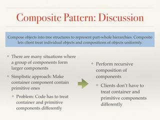 Procedural (conditional) Code
How to get rid of
conditional statements?
public void GenCode()
{
if (_left == null && _right == null)
{
Console.WriteLine("ldc.i4.s " + _value);
}
else
{
// its an intermediate node
_left.GenCode();
_right.GenCode();
switch (_value)
{
case "+":
Console.WriteLine("add");
break;
case "-":
Console.WriteLine("sub");
break;
case "*":
Console.WriteLine("mul");
break;
case "/":
Console.WriteLine("div");
break;
default:
Console.WriteLine("Not implemented yet!");
break;
}
}
}
 
