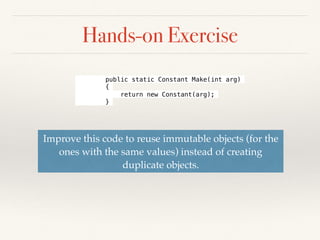 Hands-on Exercise: Solution
internal class Constant : Expr
{
private readonly int _val;
private Constant(int val)
{
_val = val;
}
public static Constant Make(int arg)
{
return new Constant(arg);
}
public override void GenCode()
{
Console.WriteLine("ldc.i4.s " + _val);
}
}
internal class Constant : Expr
{
private readonly int _val;
public Constant(int val)
{
_val = val;
}
public override void GenCode()
{
Console.WriteLine("ldc.i4.s " + _val);
}
}
 
