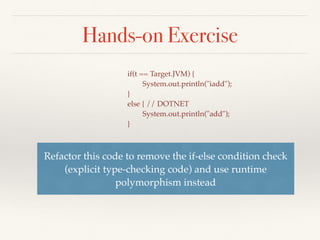 Hands-on Exercise: Solution
internal class ExprIterator
{
public static IEnumerable<Expr> Traverse(Expr node)
{
if (node != null)
{
foreach (var left in Traverse(node.GetLeft())) yield return left;
foreach (var right in Traverse(node.GetRight())) yield return right;
yield return node;
}
}
}
foreach (var node in ExprIterator.Traverse(expr))
node.GenCode();
 