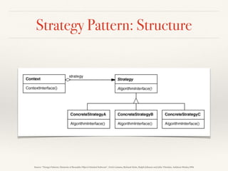 Iterator Pattern: Discussion
❖ How to provide a way to
traverse an aggregate structure
in different ways, but without
exposing its implementation
details?
Provide a way to access the elements of an aggregate object sequentially without
exposing its underlying representation.
❖ Take the responsibility for
access and traversal out of
the list object and put it
into an iterator object
❖ Let the iterator keep track
of the element visited,
traversal order, etc
 
