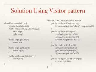 Hands-on Exercise
Refactor this code to remove the if-else condition check
(explicit type-checking code) and use runtime
polymorphism instead
if(t == Target.JVM) {
System.out.println("iadd");
}
else { // DOTNET
System.out.println("add");
}
 