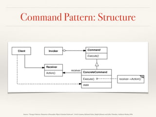 Visitor Pattern: Discussion
❖ Many distinct and unrelated
operations need to be
performed on objects in an
object structure, and you want
to avoid “polluting” their
classes with these operations
Represent an operation to be performed on the elements of an object structure.
Visitor lets you deﬁne a new operation without changing the classes of the
elements on which it operations
❖ Create two class
hierarchies:
❖ One for the elements
being operated on
❖ One for the visitors that
deﬁne operations on the
elements
 