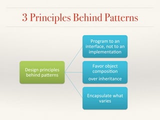 Principles to Patterns
Expr expr = Addition.Make(
Multiplication.Make(
Constant.Make(10),
Constant.Make(20)),
Constant.Make(10));
Expr expr = new ExprBuilder().Const(10).Mult(20).Plus(30).Build();
Encapsulate object creation
Builder pattern
 