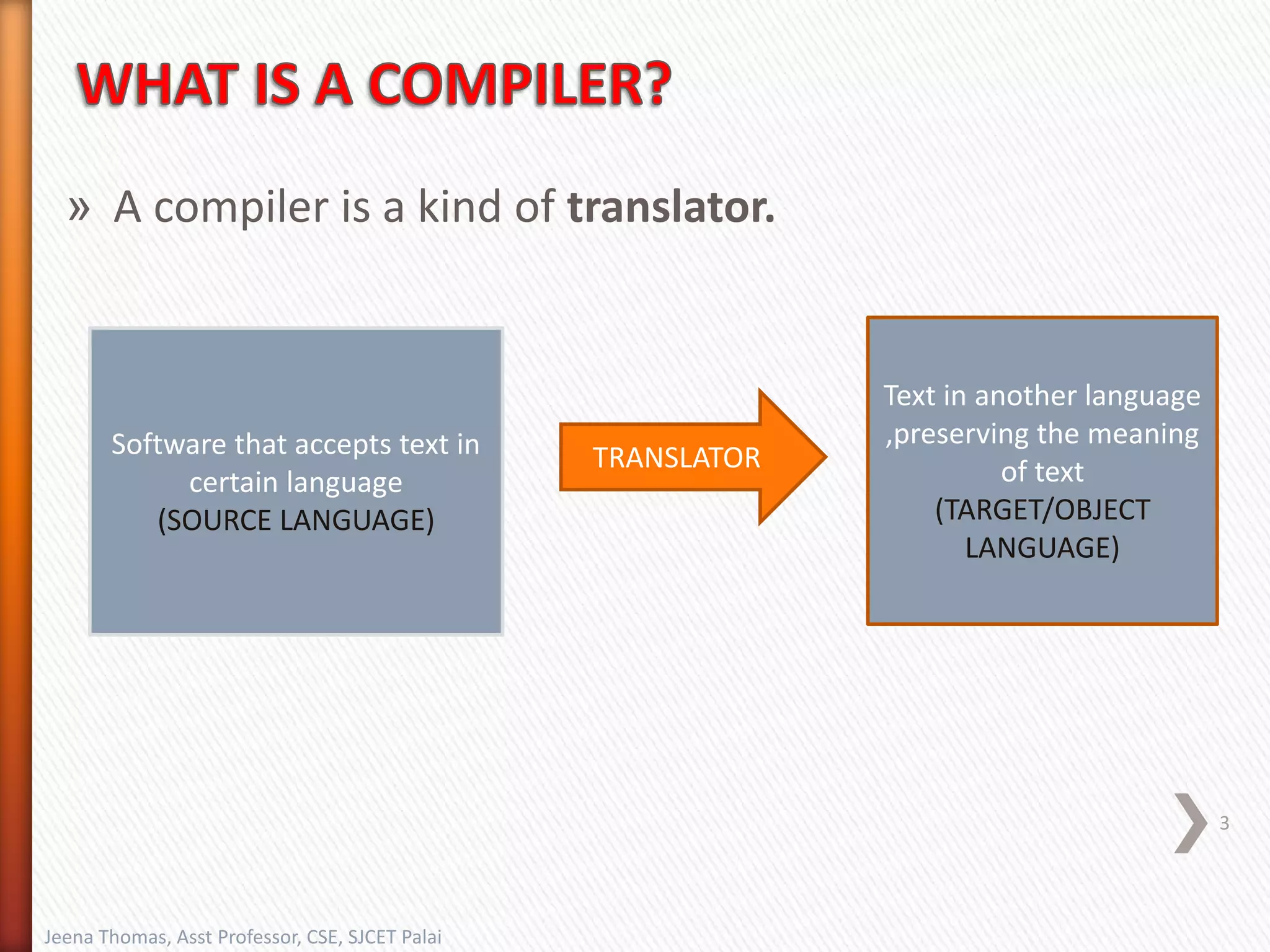 » A compiler is a kind of translator.
TRANSLATORSoftware that accepts text in
certain language
(SOURCE LANGUAGE)
Text in another language
,preserving the meaning
of text
(TARGET/OBJECT
LANGUAGE)
Jeena Thomas, Asst Professor, CSE, SJCET Palai
3
 