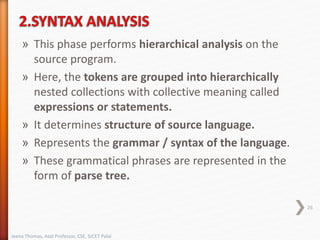 » This phase performs hierarchical analysis on the
source program.
» Here, the tokens are grouped into hierarchically
nested collections with collective meaning called
expressions or statements.
» It determines structure of source language.
» Represents the grammar / syntax of the language.
» These grammatical phrases are represented in the
form of parse tree.
26
Jeena Thomas, Asst Professor, CSE, SJCET Palai
 
