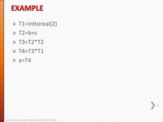 » T1=inttoreal(2)
» T2=b+c
» T3=T2*T2
» T4=T3*T1
» a=T4
35
Jeena Thomas, Asst Professor, CSE, SJCET Palai
 