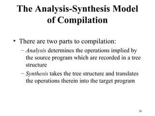 The Analysis-Synthesis Model
of Compilation
• There are two parts to compilation:
– Analysis determines the operations implied by
the source program which are recorded in a tree
structure
– Synthesis takes the tree structure and translates
the operations therein into the target program
26
 