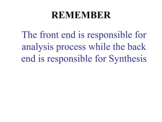 REMEMBER
The front end is responsible for
analysis process while the back
end is responsible for Synthesis
 