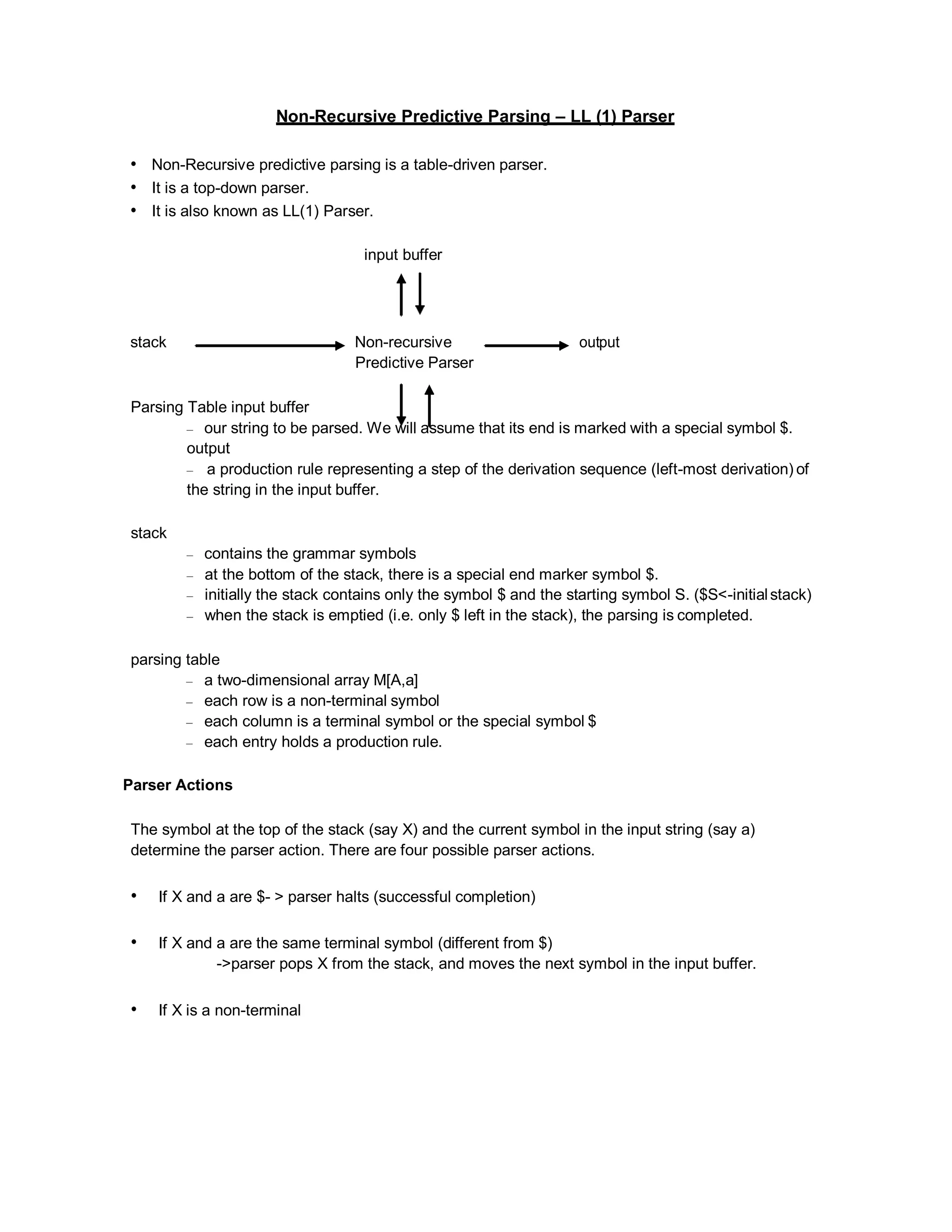 Non-Recursive Predictive Parsing – LL (1) Parser
• Non-Recursive predictive parsing is a table-driven parser.
• It is a top-down parser.
• It is also known as LL(1) Parser.
input buffer
stack Non-recursive output
Predictive Parser
Parsing Table input buffer
– our string to be parsed. We will assume that its end is marked with a special symbol $.
output
– a production rule representing a step of the derivation sequence (left-most derivation) of
the string in the input buffer.
stack
– contains the grammar symbols
– at the bottom of the stack, there is a special end marker symbol $.
– initially the stack contains only the symbol $ and the starting symbol S. ($S<-initialstack)
– when the stack is emptied (i.e. only $ left in the stack), the parsing is completed.
parsing table
– a two-dimensional array M[A,a]
– each row is a non-terminal symbol
– each column is a terminal symbol or the special symbol $
– each entry holds a production rule.
Parser Actions
The symbol at the top of the stack (say X) and the current symbol in the input string (say a)
determine the parser action. There are four possible parser actions.
• If X and a are $- > parser halts (successful completion)
• If X and a are the same terminal symbol (different from $)
->parser pops X from the stack, and moves the next symbol in the input buffer.
• If X is a non-terminal
 