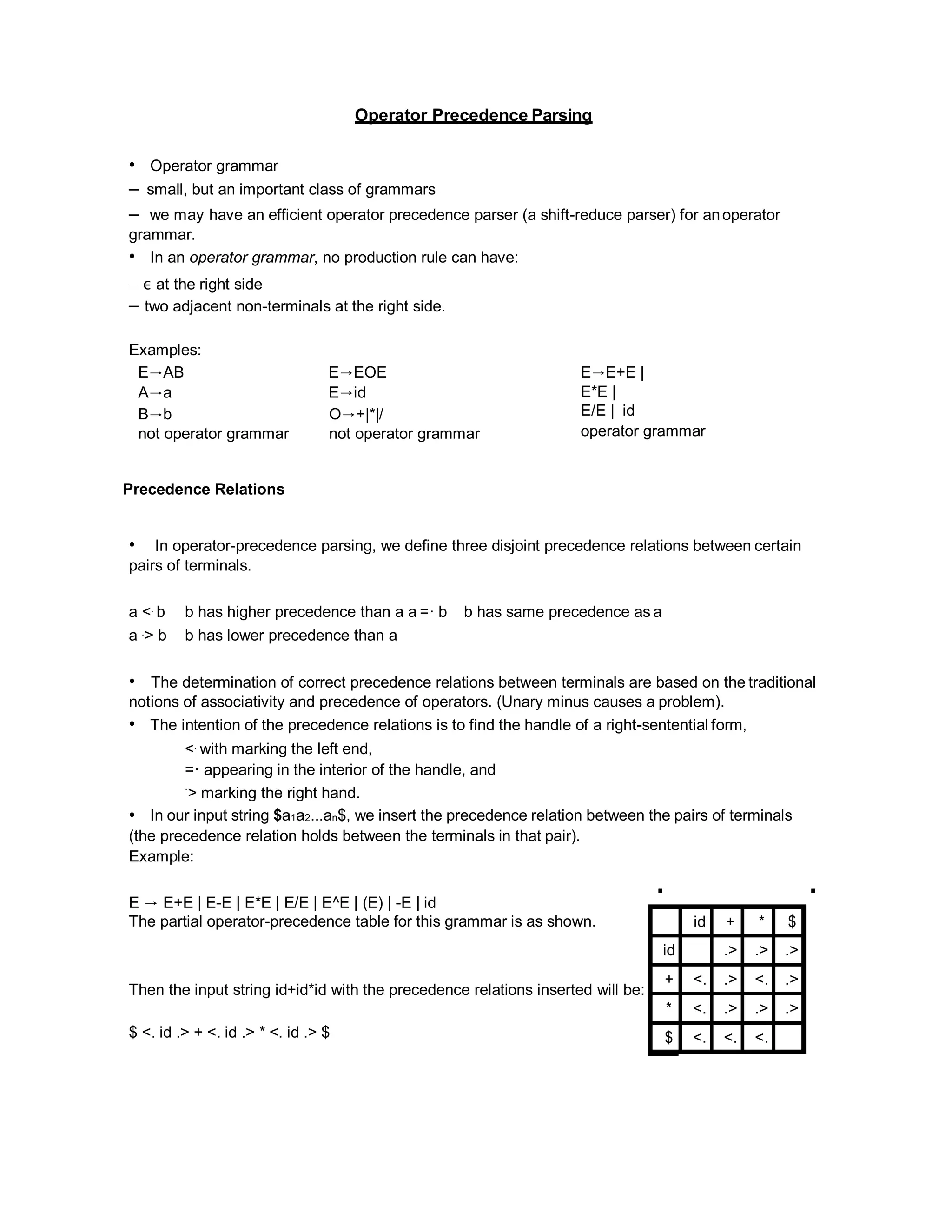 Operator Precedence Parsing
• Operator grammar
– small, but an important class of grammars
– we may have an efficient operator precedence parser (a shift-reduce parser) for anoperator
grammar.
• In an operator grammar, no production rule can have:
– ε at the right side
– two adjacent non-terminals at the right side.
Examples:
E→AB E→EOE E→E+E |
A→a E→id E*E |
B→b
not operator grammar
O→+|*|/
not operator grammar
E/E | id
operator grammar
Precedence Relations
• In operator-precedence parsing, we define three disjoint precedence relations between certain
pairs of terminals.
a <. b b has higher precedence than a a =· b b has same precedence as a
a .> b b has lower precedence than a
• The determination of correct precedence relations between terminals are based on the traditional
notions of associativity and precedence of operators. (Unary minus causes a problem).
• The intention of the precedence relations is to find the handle of a right-sentential form,
<. with marking the left end,
=· appearing in the interior of the handle, and
.
> marking the right hand.
• In our input string $a1a2...an$, we insert the precedence relation between the pairs of terminals
(the precedence relation holds between the terminals in that pair).
Example:
E → E+E | E-E | E*E | E/E | E^E | (E) | -E | id
The partial operator-precedence table for this grammar is as shown.
Then the input string id+id*id with the precedence relations inserted will be:
$ <. id .> + <. id .> * <. id .> $
id + * $
id .> .> .>
+ <. .> <. .>
* <. .> .> .>
$ <. <. <.
 