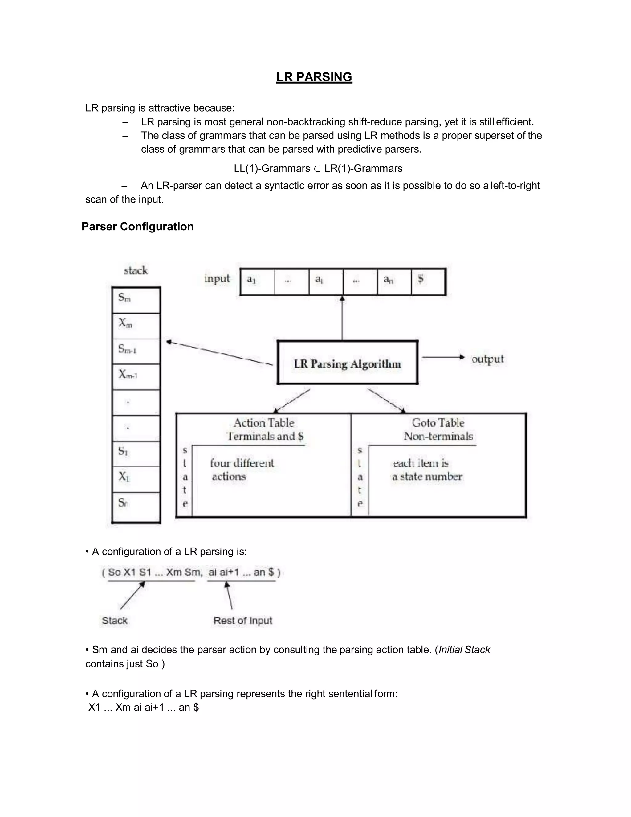 LR PARSING
LR parsing is attractive because:
– LR parsing is most general non-backtracking shift-reduce parsing, yet it is still efficient.
– The class of grammars that can be parsed using LR methods is a proper superset of the
class of grammars that can be parsed with predictive parsers.
LL(1)-Grammars ⊂ LR(1)-Grammars
– An LR-parser can detect a syntactic error as soon as it is possible to do so a left-to-right
scan of the input.
Parser Configuration
• A configuration of a LR parsing is:
• Sm and ai decides the parser action by consulting the parsing action table. (Initial Stack
contains just So )
• A configuration of a LR parsing represents the right sentential form:
X1 ... Xm ai ai+1 ... an $
 