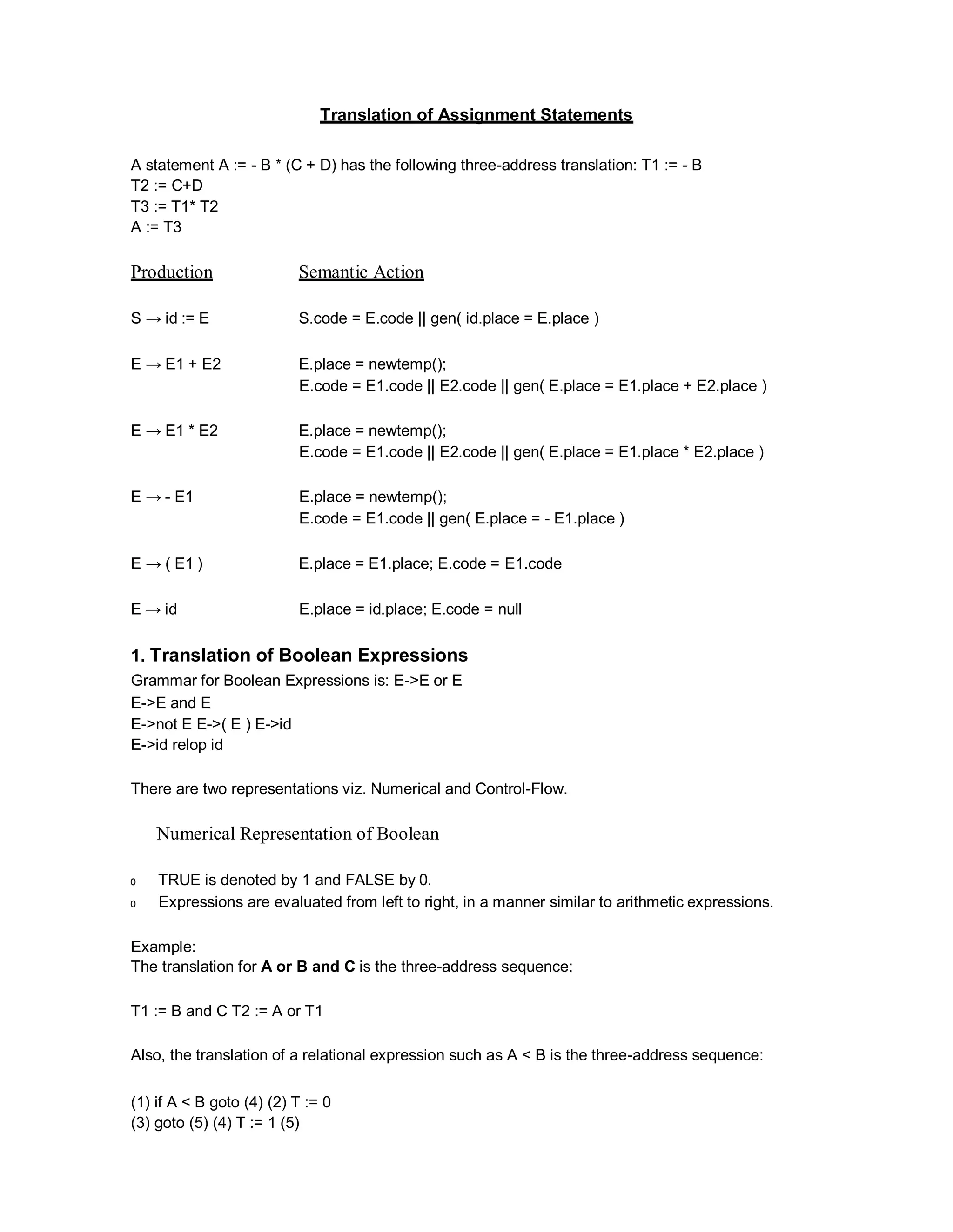 Translation of Assignment Statements
A statement A := - B * (C + D) has the following three-address translation: T1 := - B
T2 := C+D
T3 := T1* T2
A := T3
Production Semantic Action
S → id := E S.code = E.code || gen( id.place = E.place )
E → E1 + E2 E.place = newtemp();
E.code = E1.code || E2.code || gen( E.place = E1.place + E2.place )
E → E1 * E2 E.place = newtemp();
E.code = E1.code || E2.code || gen( E.place = E1.place * E2.place )
E → - E1 E.place = newtemp();
E.code = E1.code || gen( E.place = - E1.place )
E → ( E1 ) E.place = E1.place; E.code = E1.code
E → id E.place = id.place; E.code = null
1. Translation of Boolean Expressions
Grammar for Boolean Expressions is: E->E or E
E->E and E
E->not E E->( E ) E->id
E->id relop id
There are two representations viz. Numerical and Control-Flow.
Numerical Representation of Boolean
o TRUE is denoted by 1 and FALSE by 0.
o Expressions are evaluated from left to right, in a manner similar to arithmetic expressions.
Example:
The translation for A or B and C is the three-address sequence:
T1 := B and C T2 := A or T1
Also, the translation of a relational expression such as A < B is the three-address sequence:
(1) if A < B goto (4) (2) T := 0
(3) goto (5) (4) T := 1 (5)
 