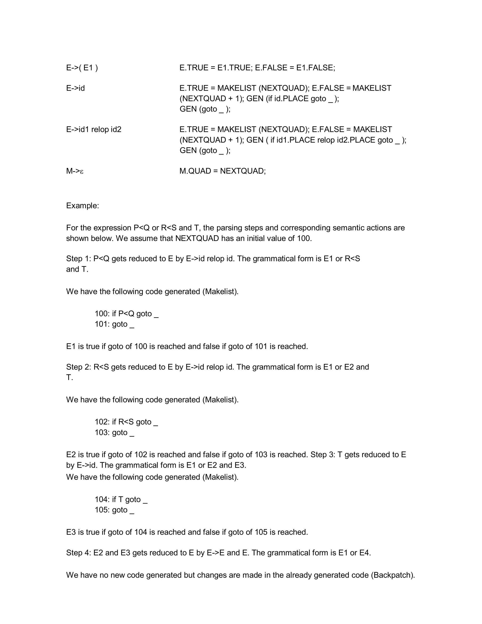 E->( E1 ) E.TRUE = E1.TRUE; E.FALSE = E1.FALSE;
E->id E.TRUE = MAKELIST (NEXTQUAD); E.FALSE = MAKELIST
(NEXTQUAD + 1); GEN (if id.PLACE goto _ );
GEN (goto _ );
E->id1 relop id2 E.TRUE = MAKELIST (NEXTQUAD); E.FALSE = MAKELIST
(NEXTQUAD + 1); GEN ( if id1.PLACE relop id2.PLACE goto _ );
GEN (goto _ );
M->ε M.QUAD = NEXTQUAD;
Example:
For the expression P<Q or R<S and T, the parsing steps and corresponding semantic actions are
shown below. We assume that NEXTQUAD has an initial value of 100.
Step 1: P<Q gets reduced to E by E->id relop id. The grammatical form is E1 or R<S
and T.
We have the following code generated (Makelist).
100: if P<Q goto _
101: goto _
E1 is true if goto of 100 is reached and false if goto of 101 is reached.
Step 2: R<S gets reduced to E by E->id relop id. The grammatical form is E1 or E2 and
T.
We have the following code generated (Makelist).
102: if R<S goto _
103: goto _
E2 is true if goto of 102 is reached and false if goto of 103 is reached. Step 3: T gets reduced to E
by E->id. The grammatical form is E1 or E2 and E3.
We have the following code generated (Makelist).
104: if T goto _
105: goto _
E3 is true if goto of 104 is reached and false if goto of 105 is reached.
Step 4: E2 and E3 gets reduced to E by E->E and E. The grammatical form is E1 or E4.
We have no new code generated but changes are made in the already generated code (Backpatch).
 