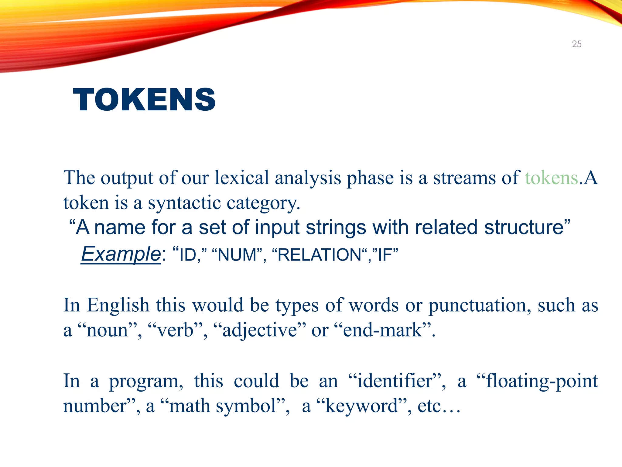 TOKENS
25
The output of our lexical analysis phase is a streams of tokens.A
token is a syntactic category.
“A name for a set of input strings with related structure”
Example: “ID,” “NUM”, “RELATION“,”IF”
In English this would be types of words or punctuation, such as
a “noun”, “verb”, “adjective” or “end-mark”.
In a program, this could be an “identifier”, a “floating-point
number”, a “math symbol”, a “keyword”, etc…
 