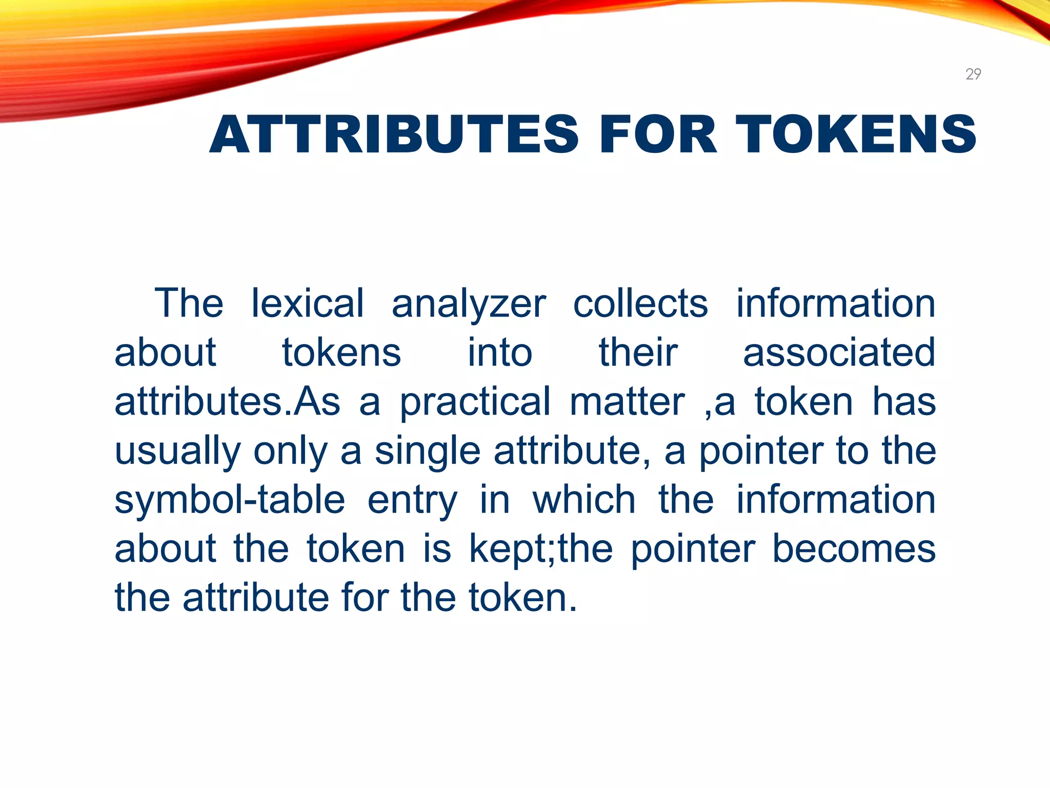 ATTRIBUTES FOR TOKENS
29
The lexical analyzer collects information
about tokens into their associated
attributes.As a practical matter ,a token has
usually only a single attribute, a pointer to the
symbol-table entry in which the information
about the token is kept;the pointer becomes
the attribute for the token.
 