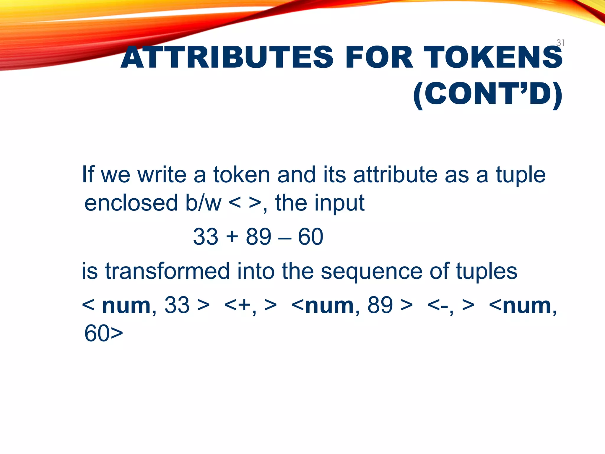 ATTRIBUTES FOR TOKENS
(CONT’D)
31
If we write a token and its attribute as a tuple
enclosed b/w < >, the input
33 + 89 – 60
is transformed into the sequence of tuples
< num, 33 > <+, > <num, 89 > <-, > <num,
60>
 