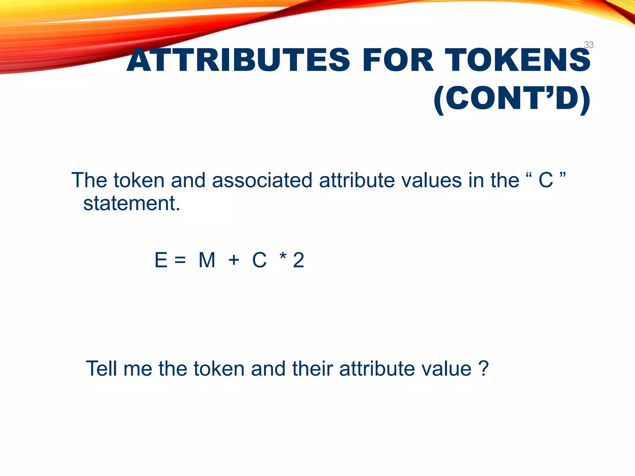 ATTRIBUTES FOR TOKENS
(CONT’D)
33
The token and associated attribute values in the “ C ”
statement.
E = M + C * 2
Tell me the token and their attribute value ?
 
