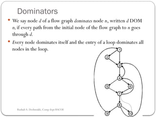 Dominators
 We say node d of a flow graph dominates node n, written d DOM
n,if every path from the initial node of the flow graph to n goes
through d.
 Every node dominates itself and the entry of a loop dom­
inates all
nodes in the loop.
Rushali A. Deshmukh, Comp dept RSCOE
 