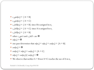  c_gen[n1] = {A = B}
 c_gen[n3] = {A = C}
 c_kill[n2] = {A = B} since B is assigned in n2
 c_kill[n1] = {A = C} sinceA is assigned in n1
 c_kill[n3] = {A = B}
 other c_gen’s and c_kill’s are Φ
 in[n1] = Φ
 one pass determines that in[n2] = in[n3] = out[n1] = {A = B}
 out[n2] = Φ
 out[n3] = in[n4] = out[n4] = {A = C}
 in[n5] = out[n2] Ç out[n4] = Φ
 We observe that neitherA = B norA=C reaches the use of A in n5
Rushali A. Deshmukh, Comp dept RSCOE
 