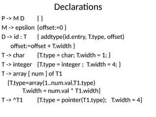 Declarations
P -> M D { }
M -> epsilon {offset:=0 }
D -> id : T { addtype(id.entry, T.type, offset)
offset:=offset + T.width }
T -> char {T.type = char; T.width = 1; }
T -> integer {T.type = integer ; T.width = 4; }
T -> array [ num ] of T1
{T.type=array(1..num.val,T1.type)
T.width = num.val * T1.width}
T -> ^T1 {T.type = pointer(T1.type); T.width = 4}
 
