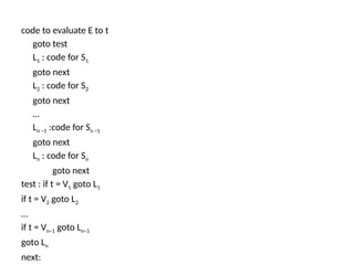 code to evaluate E to t
goto test
L1 : code for S1
goto next
L2 : code for S2
goto next
…
Ln –1 :code for Sn –1
goto next
Ln : code for Sn
goto next
test : if t = V1 goto L1
if t = V2 goto L2
…
if t = Vn–1 goto Ln–1
goto Ln
next:
 