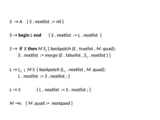 S → A { S . nextlist := nil }
S → begin L end { S . nextlist := L . nextlist }
S → if E then M S1 { backpatch (E . truelist , M .quad);
S . nextlist := merge (E . falselist , S1 . nextlist ) }
L → L1 ; M S { backpatch (L1 . nextlist , M .quad);
L . nextlist := S . nextlist ; }
L → S { L . nextlist := S . nextlist ; }
M →ε { M .quad := nextquad }
 