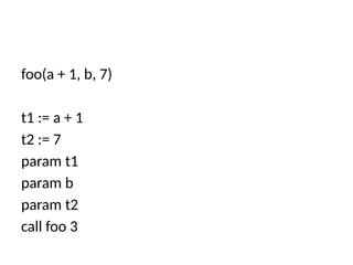 foo(a + 1, b, 7)
t1 := a + 1
t2 := 7
param t1
param b
param t2
call foo 3
 
