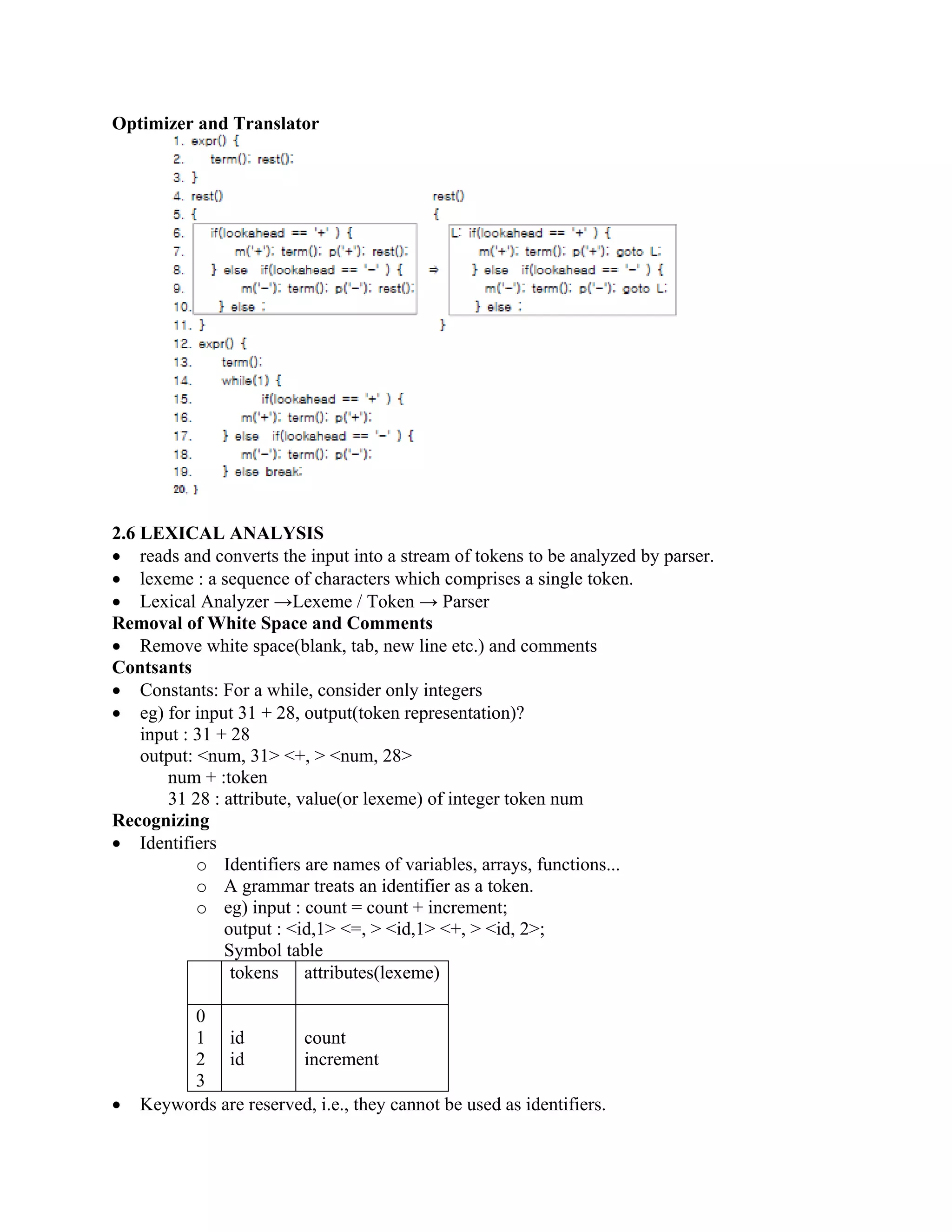 Optimizer and Translator
2.6 LEXICAL ANALYSIS
• reads and converts the input into a stream of tokens to be analyzed by parser.
• lexeme : a sequence of characters which comprises a single token.
• Lexical Analyzer →Lexeme / Token → Parser
Removal of White Space and Comments
• Remove white space(blank, tab, new line etc.) and comments
Contsants
• Constants: For a while, consider only integers
• eg) for input 31 + 28, output(token representation)?
input : 31 + 28
output: <num, 31> <+, > <num, 28>
num + :token
31 28 : attribute, value(or lexeme) of integer token num
Recognizing
• Identifiers
o Identifiers are names of variables, arrays, functions...
o A grammar treats an identifier as a token.
o eg) input : count = count + increment;
output : <id,1> <=, > <id,1> <+, > <id, 2>;
Symbol table
tokens attributes(lexeme)
0
1
2
3
id
id
count
increment
• Keywords are reserved, i.e., they cannot be used as identifiers.
 
