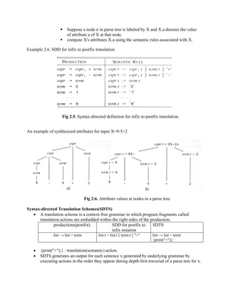  Suppose a node n in parse tree is labeled by X and X.a denotes the value
of attribute a of X at that node.
 compute X's attributes X.a using the semantic rules associated with X.
Example 2.6. SDD for infix to postfix translation
Fig 2.5. Syntax-directed definition for infix to postfix translation.
An example of synthesized attributes for input X=9-5+2
Fig 2.6. Attribute values at nodes in a parse tree.
Syntax-directed Translation Schemes(SDTS)
• A translation scheme is a context-free grammar in which program fragments called
translation actions are embedded within the right sides of the production.
productions(postfix) SDD for postfix to
infix notation
SDTS
list → list + term list.t = list.t || term.t || "+" list → list + term
{print("+")}
• {print("+");} : translation(semantic) action.
• SDTS generates an output for each sentence x generated by underlying grammar by
executing actions in the order they appear during depth-first traversal of a parse tree for x.
 
