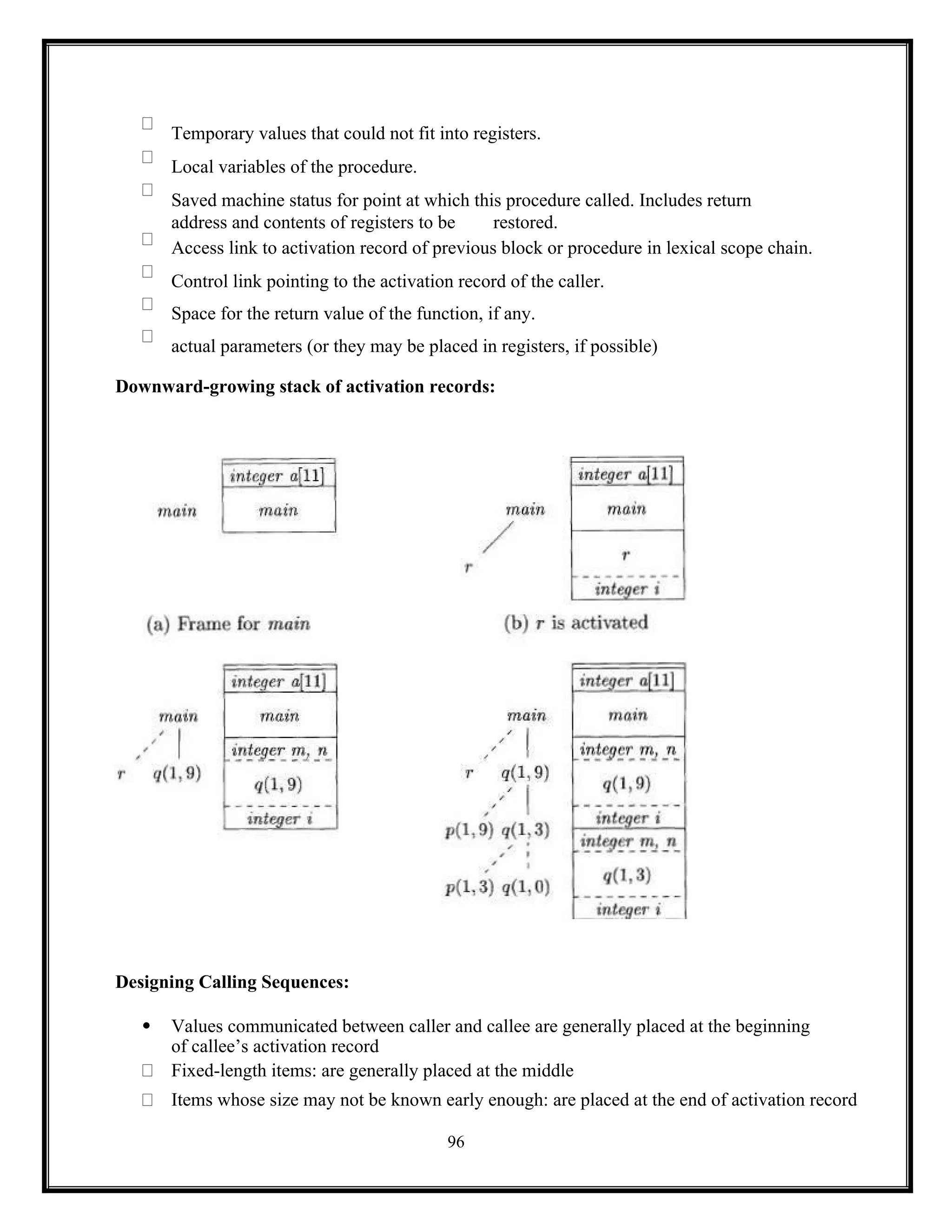 96
Temporary values that could not fit into registers.
Local variables of the procedure.
Saved machine status for point at which this procedure called. Includes return
address and contents of registers to be restored.
Access link to activation record of previous block or procedure in lexical scope chain.
Control link pointing to the activation record of the caller.
Space for the return value of the function, if any.
actual parameters (or they may be placed in registers, if possible)
Downward-growing stack of activation records:
Designing Calling Sequences:
 Values communicated between caller and callee are generally placed at the beginning
of callee’s activation record
Fixed-length items: are generally placed at the middle
Items whose size may not be known early enough: are placed at the end of activation record
 