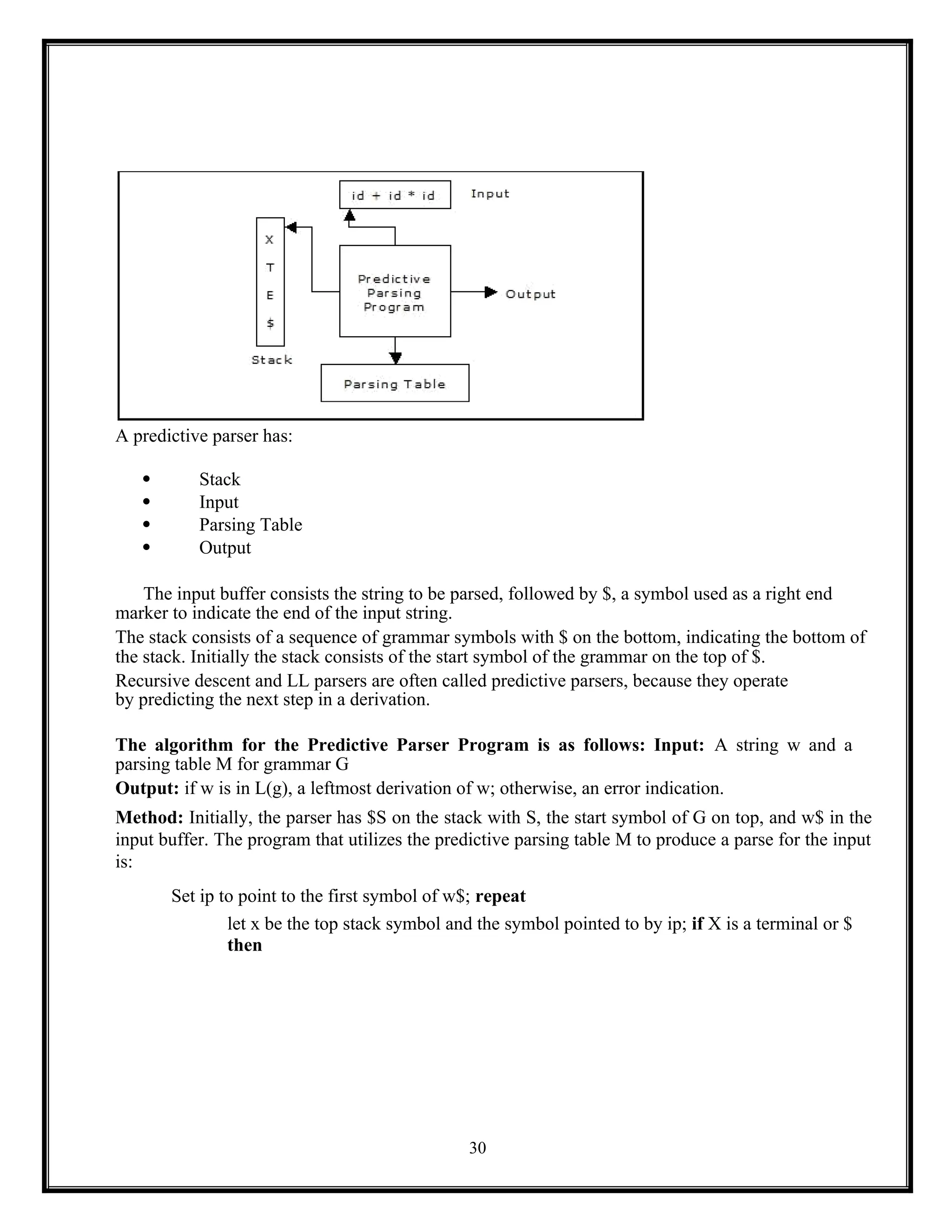 30
A predictive parser has:
 Stack
 Input
 Parsing Table
 Output
The input buffer consists the string to be parsed, followed by $, a symbol used as a right end
marker to indicate the end of the input string.
The stack consists of a sequence of grammar symbols with $ on the bottom, indicating the bottom of
the stack. Initially the stack consists of the start symbol of the grammar on the top of $.
Recursive descent and LL parsers are often called predictive parsers, because they operate
by predicting the next step in a derivation.
The algorithm for the Predictive Parser Program is as follows: Input: A string w and a
parsing table M for grammar G
Output: if w is in L(g), a leftmost derivation of w; otherwise, an error indication.
Method: Initially, the parser has $S on the stack with S, the start symbol of G on top, and w$ in the
input buffer. The program that utilizes the predictive parsing table M to produce a parse for the input
is:
Set ip to point to the first symbol of w$; repeat
let x be the top stack symbol and the symbol pointed to by ip; if X is a terminal or $
then
 