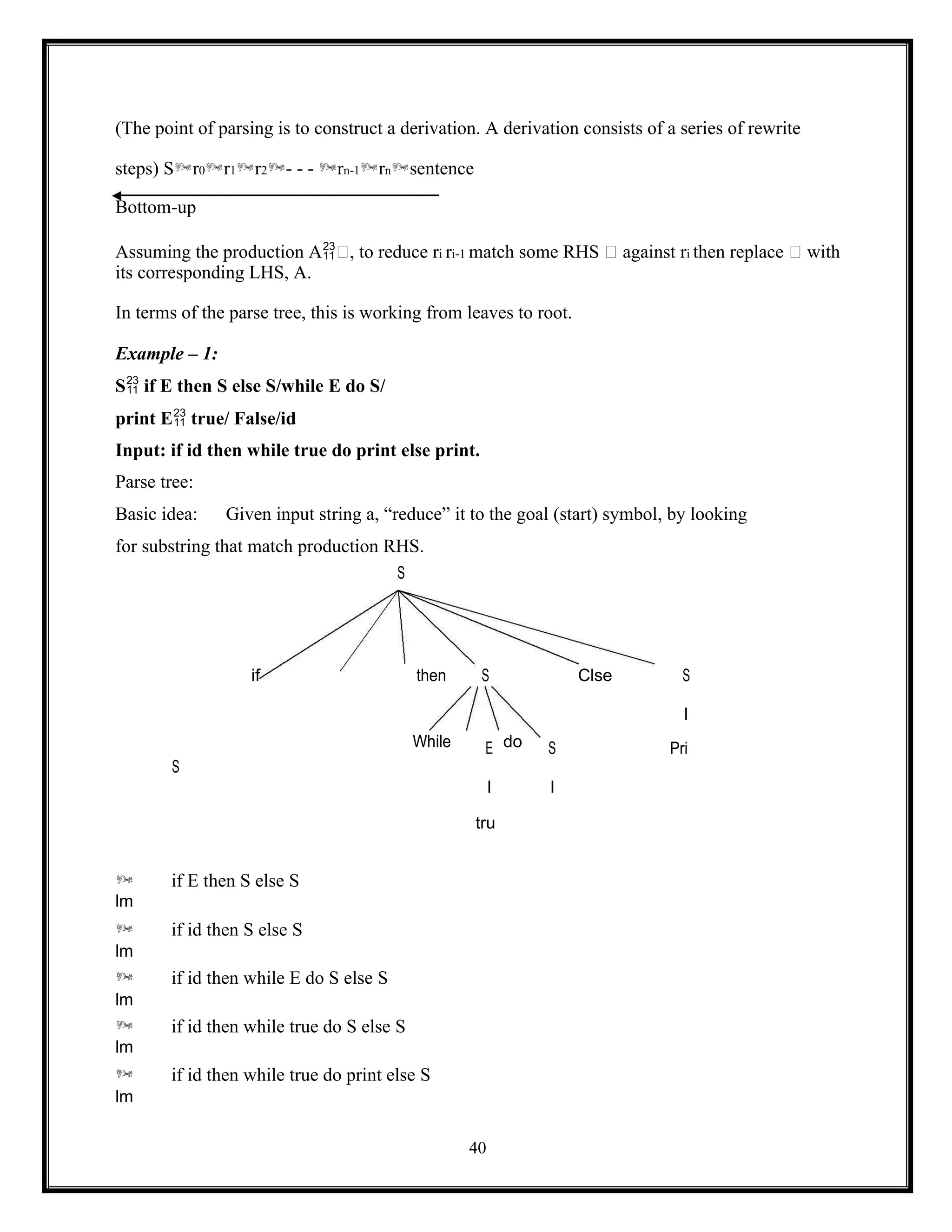 40
(The point of parsing is to construct a derivation. A derivation consists of a series of rewrite
steps) Sr0r1r2- - - rn-1rnsentence
Bottom-up
Assuming the production A, to reduce ri ri-1 match some RHS  against ri then replace  with
its corresponding LHS, A.
In terms of the parse tree, this is working from leaves to root.
Example – 1:
S if E then S else S/while E do S/
print E true/ False/id
Input: if id then while true do print else print.
Parse tree:
Basic idea: Given input string a, “reduce” it to the goal (start) symbol, by looking
for substring that match production RHS.
S
if then S Clse S
I
While E do S Pri
S
I I
tru
 if E then S else S
lm
 if id then S else S
lm
 if id then while E do S else S
lm
 if id then while true do S else S
lm
 if id then while true do print else S
lm
 