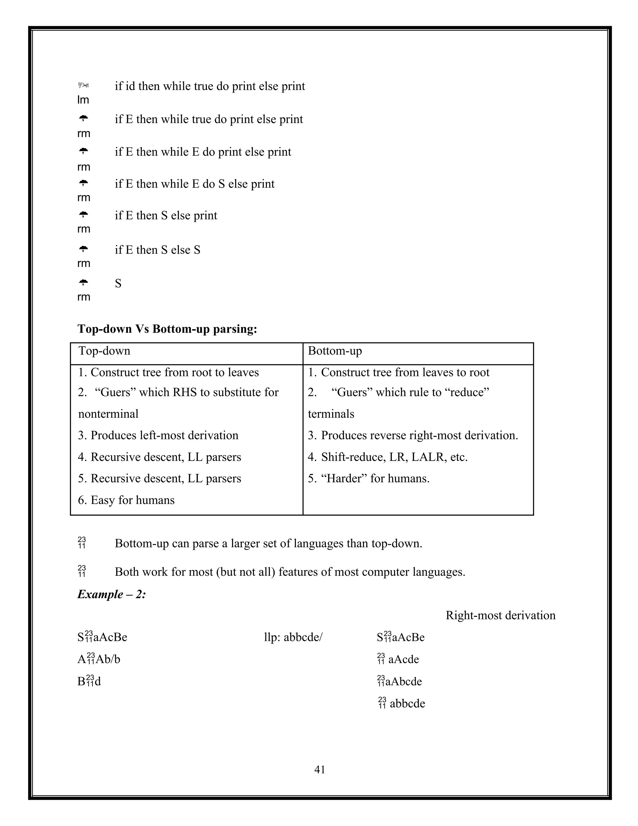 41
 if id then while true do print else print
lm
 if E then while true do print else print
rm
 if E then while E do print else print
rm
 if E then while E do S else print
rm
 if E then S else print
rm
 if E then S else S
rm
 S
rm
Top-down Vs Bottom-up parsing:
Top-down Bottom-up
1. Construct tree from root to leaves 1. Construct tree from leaves to root
2. “Guers” which RHS to substitute for 2. “Guers” which rule to “reduce”
nonterminal terminals
3. Produces left-most derivation 3. Produces reverse right-most derivation.
4. Recursive descent, LL parsers 4. Shift-reduce, LR, LALR, etc.
5. Recursive descent, LL parsers 5. “Harder” for humans.
6. Easy for humans
 Bottom-up can parse a larger set of languages than top-down.
 Both work for most (but not all) features of most computer languages.
Example – 2:
Right-most derivation
SaAcBe llp: abbcde/ SaAcBe
AAb/b  aAcde
Bd aAbcde
 abbcde
 